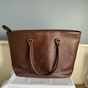 L.L. Bean Large Vintage Chocolate Brown Structured Leather Tote Work Bag Purse